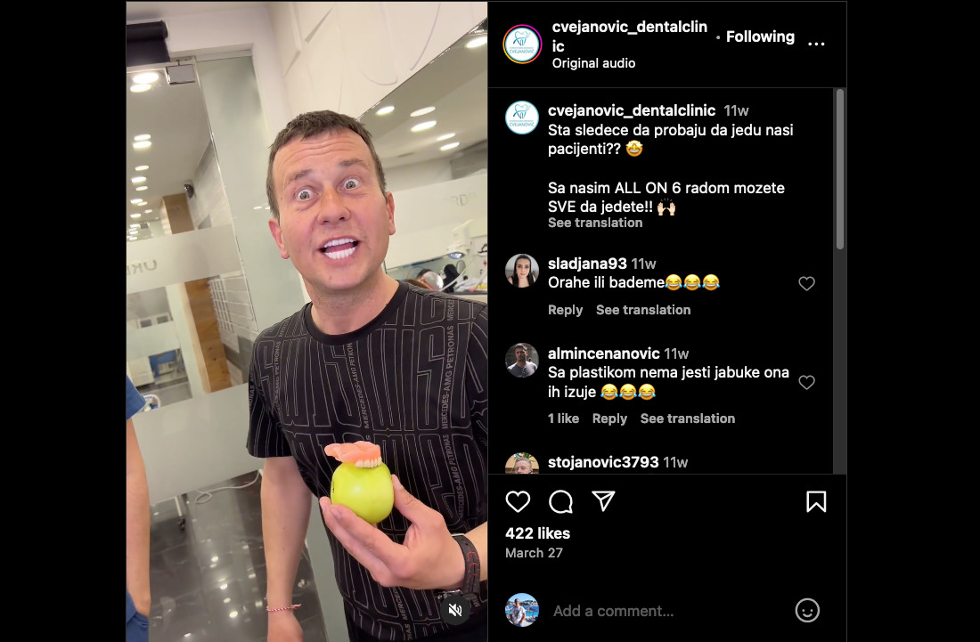 Iskustvo pacijenta 2 — Instagram objava ordinacije Cvejanović