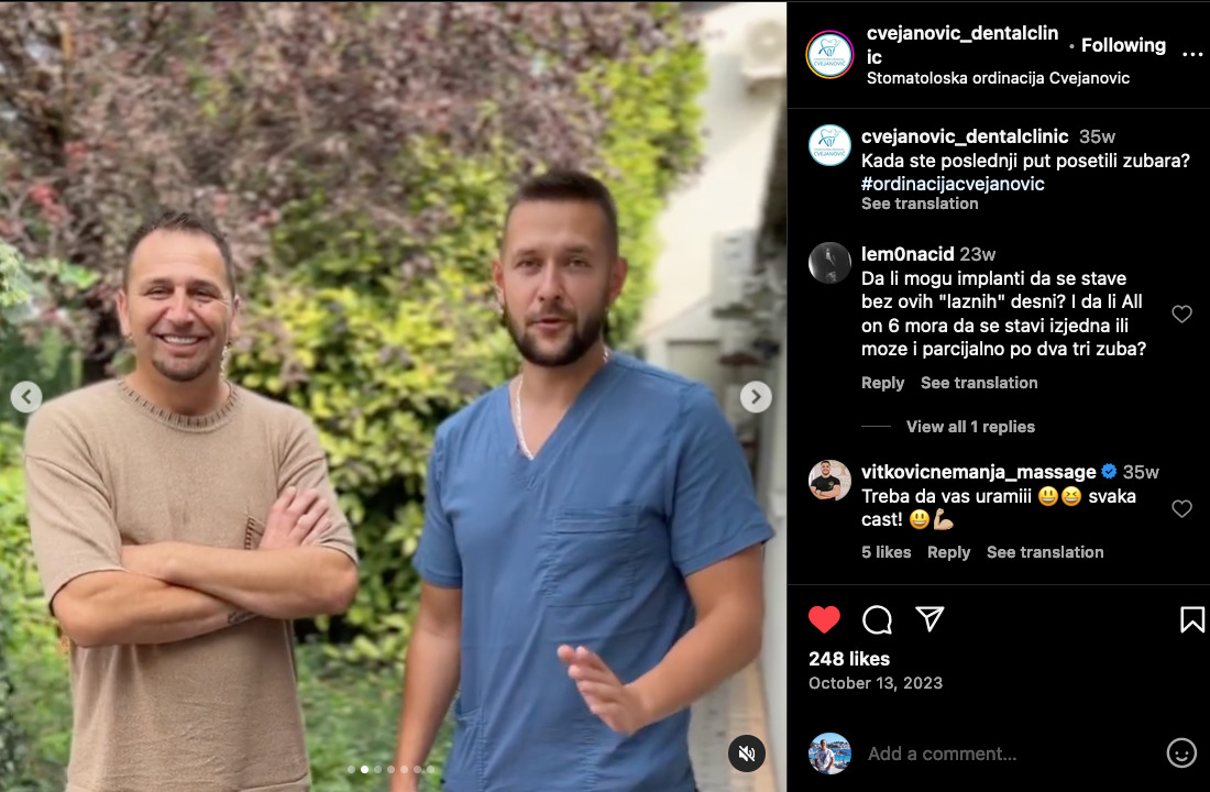 Iskustvo pacijenta 1 — Instagram objava ordinacije Cvejanović