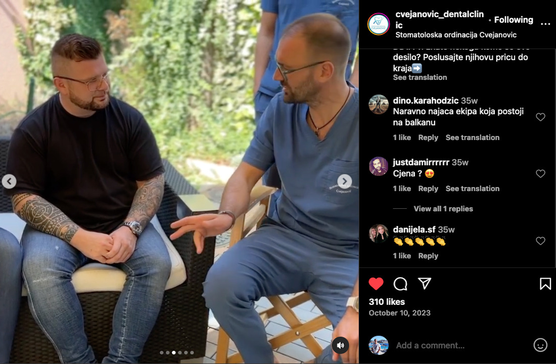 Iskustvo pacijenta 3 — Instagram objava ordinacije Cvejanović